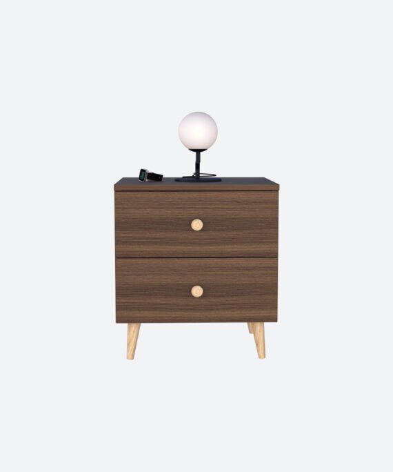 Chevet 2 tiroirs, poignées en bois